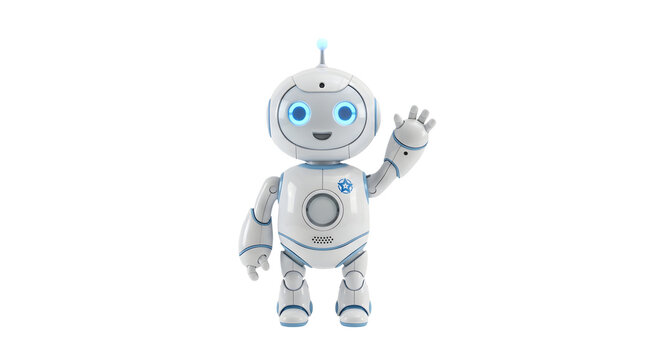 Cute white humanoid robot waving hello isolated on white background