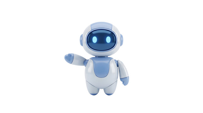 Cute blue and white robot character waving hello isolated on white background