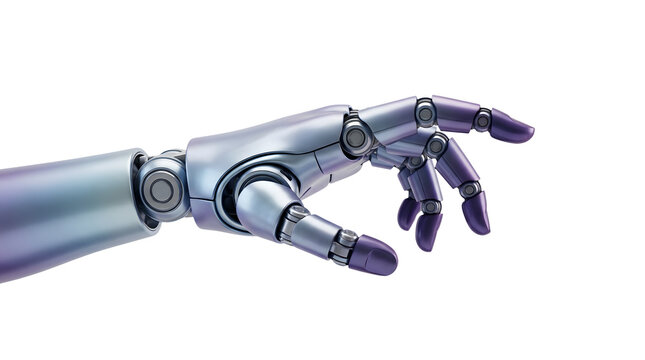 Metallic robotic hand reaching out isolated on white background