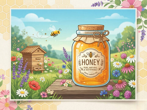 Idyllic illustration of a pure natural honey jar with a beehive and a cute bee flying over a vibrant meadow field with blooming wildflowers and lavender