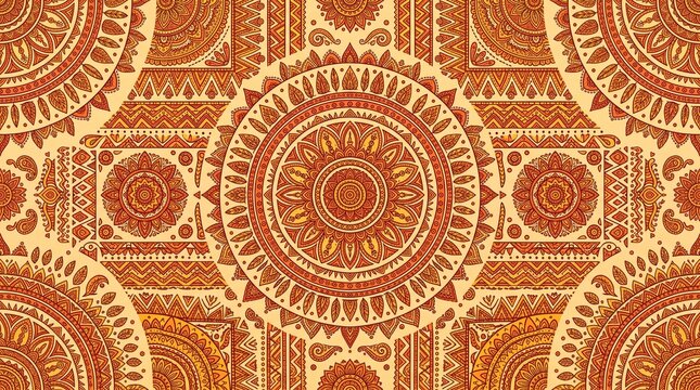 Seamless Tribal Mandala Pattern in Burnt Orange and Mustard Ethnic Background