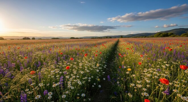 Vast meadow with colorful wildflowers and a path at sunset