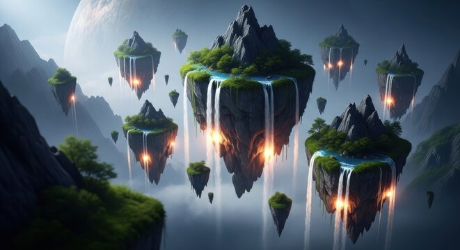 Floating islands with waterfalls and glowing orbs in a fantasy landscape