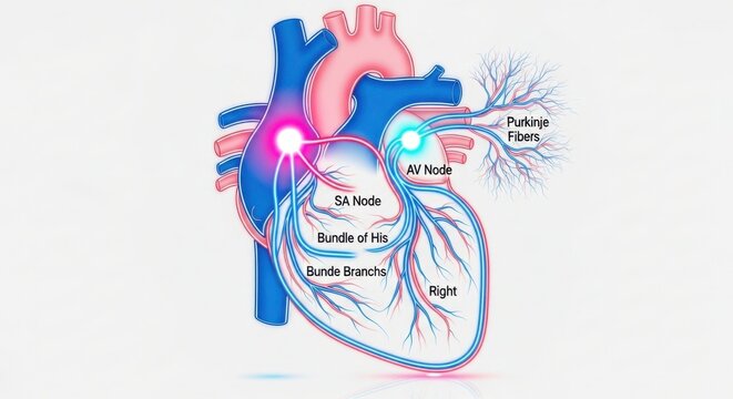 Heart conduction system diagram showing sa node av node and purkinje fibers