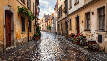 Fototapeta premium Charming Wet Cobblestone Street in Historic European Village