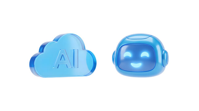 Blue AI cloud icon and cute robot head isolated on white background for technology concept