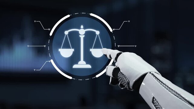 A robotic hand points to a digital icon of scales representing justice, illustrating the intersection of technology, ethics, and legal frameworks in today world. Synapse