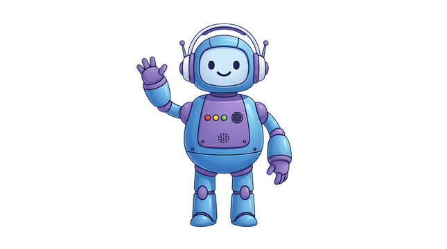 Friendly blue robot character waving hello isolated on white background