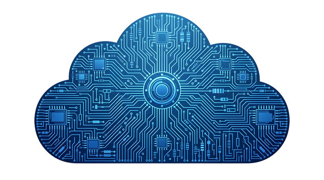 Blue cloud computing icon with digital circuit board pattern isolated on white background
