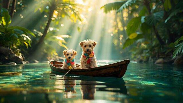 Two cute puppies sitting in a small wooden boat floating on an emerald stream with morning sunbeams