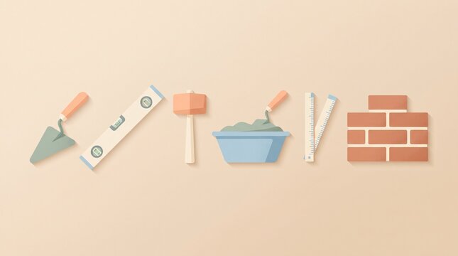 Masonry construction tools with brick trowel, spirit level, rubber mallet, mortar pan, ruler and bricks in pastel flat design