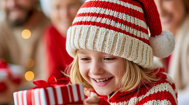 Children eagerly unwrapping Christmas gifts while parents and grandparents watch with smiles, capturing heartfelt holiday memories.