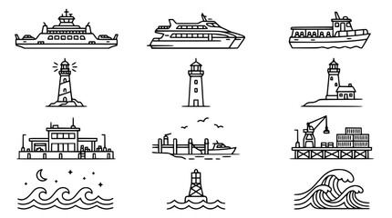 Nautical Icons Set: Ships, Lighthouses, Harbor, Waves, Buoy © Tempe