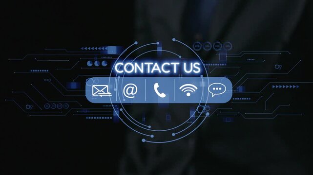 Innovative contact interface featuring email, phone, and chat icons set against a dynamic digital background. Perfect for modern business communication and engagement solutions. Qubit