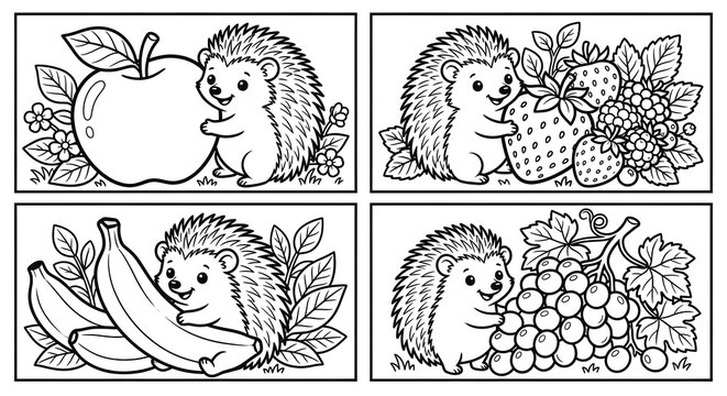 Isolated on pure white background, 4 cute baby hedgehogs hugging different fruits like apples and strawberries, arranged in a 2x2 layout bundle, bold black line art, coloring book clip art style, cris