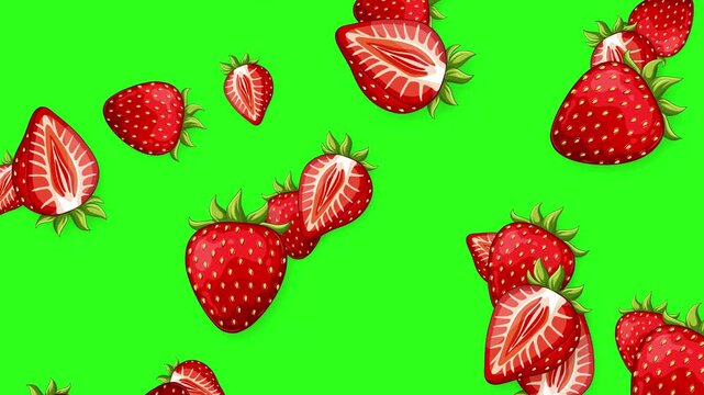 Falling Whole and Sliced Strawberries Animation on Green Screen