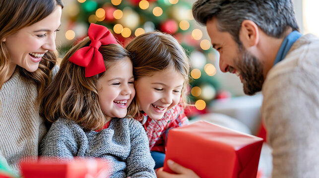 Children eagerly unwrapping Christmas gifts while parents and grandparents watch with smiles, capturing heartfelt holiday memories.
