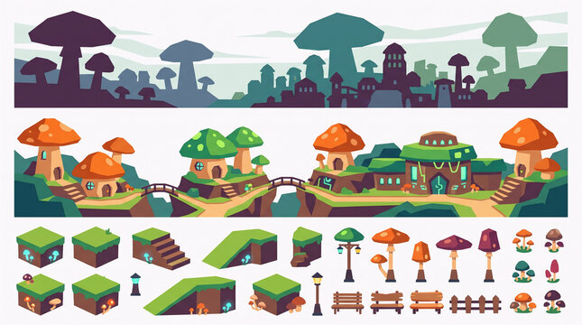 Flat vector layered game environment kit for 2D platformer and adventure design