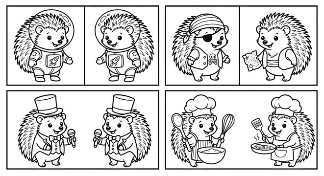 Isolated on pure white background, set of 4 cute hedgehogs dressed in different tiny costumes, displayed in a neat 2x2 grid, clear black vector line art, printable coloring page design, isolated on cl