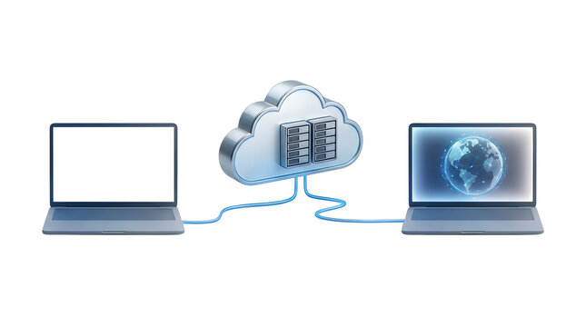Cloud computing concept with laptops connected to a central server icon on white background