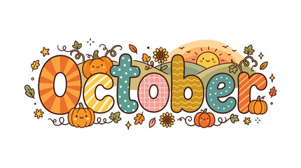 Fototapeta premium October Text Design with Cute Pumpkins and Autumn Elements
