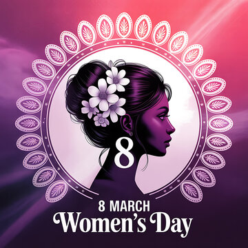 International womens day commemorative portrait with ornate floral frame portrait celebration
