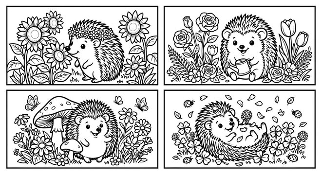 Isolated on pure white background, a set of 4 cute baby hedgehogs playing in a flower garden, arranged in a clean 2x2 grid, bold black line art, coloring page style for kids, crisp black outlines, whi