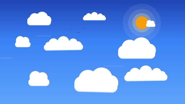 Animated flat vector blue sky with moving white clouds and bright sun