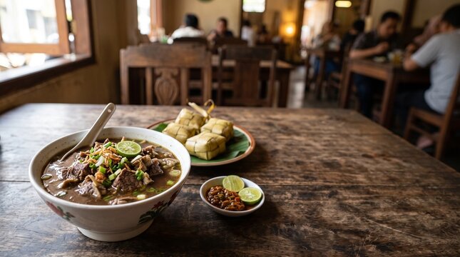 Authentic Coto Makassar soup bowl with ketupat on rustic wooden background