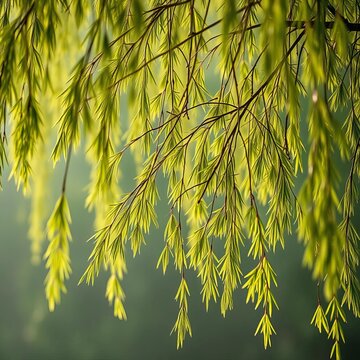 Whispering willow branches sway gently in the morning mist, aromatherapy, tranquility