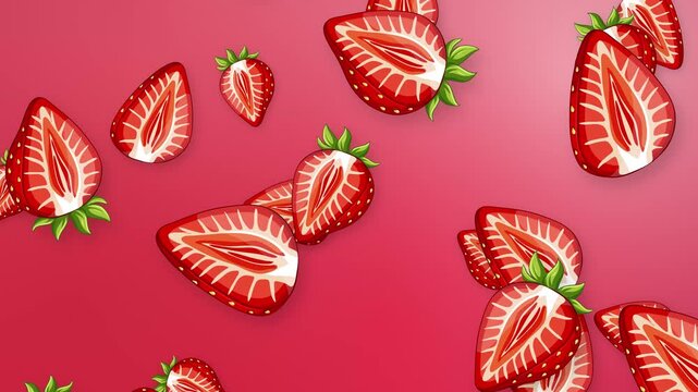 Falling Sliced Strawberry Fruit Animation on Vibrant Pink Background