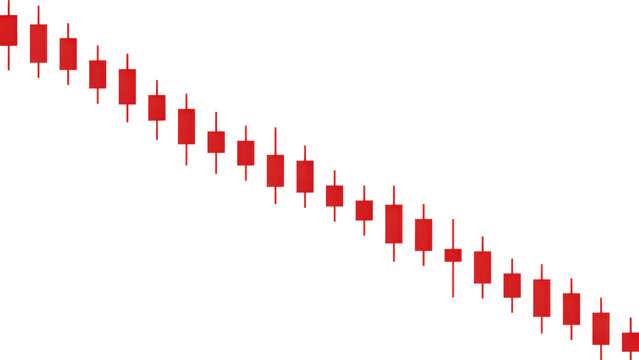 Red candlestick chart pattern showing a downward trend in stock market prices on a plain white background, isolated on a, transparent background