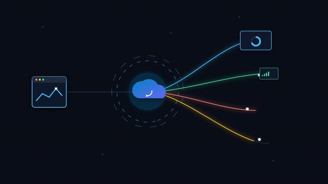 Cloud data sync animation with graph input and multiple output charts on dark grid background for technology concept