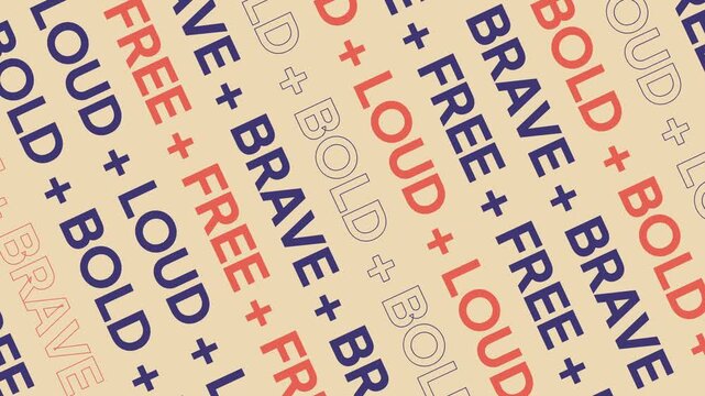 Dynamic diagonal pattern of bold text featuring words like Brave, Loud, Free, and Bold in red, blue, and grey on a beige background. Perfect for motivational graphics.