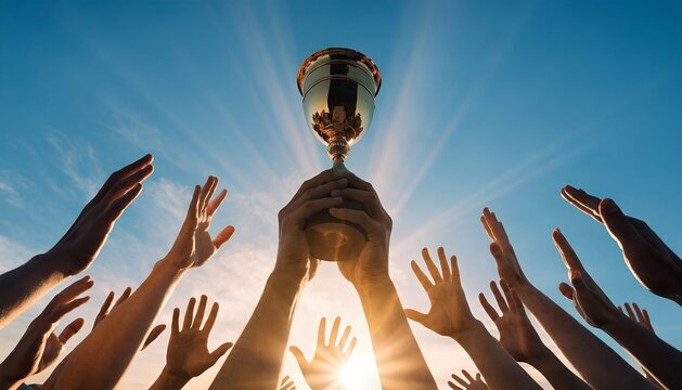 Low-angle hands hold golden trophy aloft against brilliant sunburst sky. Golden silhouettes, reaching arms. Victory, teamwork, shared success, achievement concept.