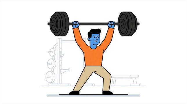 A stylized line art vector illustration of a man performing an overhead weightlifting press with a heavy barbell inside a fitness gym setting.