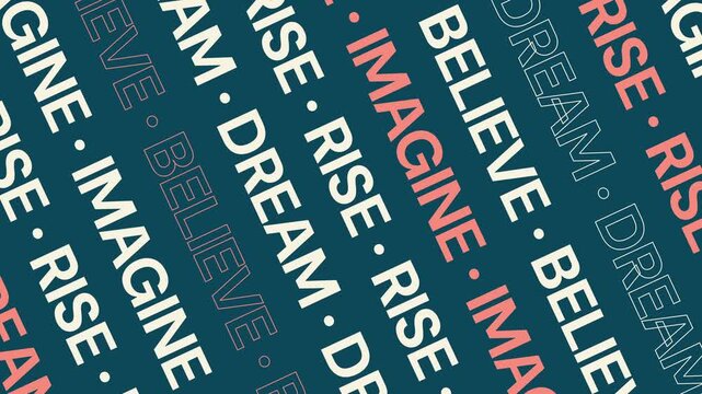 Dynamic motion graphic featuring motivational words 'Dream', 'Believe', 'Imagine', and 'Rise' in a diagonal, repeating typographic pattern. Perfect for inspirational content.