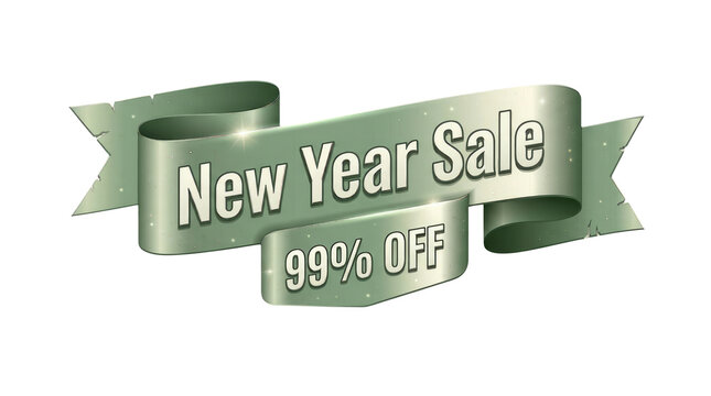 New Year Sale 99 Percent Off Green Ribbon Banner Isolated on White Background