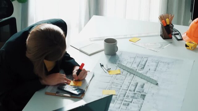 Top view of smart civil engineer drawing and measuring blueprint by using ruler. Aerial view of architect scatch building project plan at meeting table with equipment and safety helmet. Alimentation.