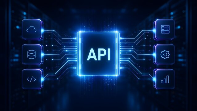 Advanced API integration microchip concept connecting various digital service modules for software development and cloud system architecture.