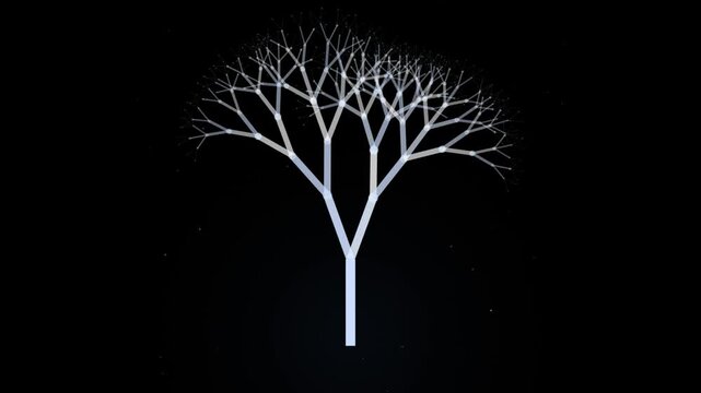 Abstract digital tree with glowing white branches on a dark background, representing a fractal network or neural connections, symbolizing growth and complexity