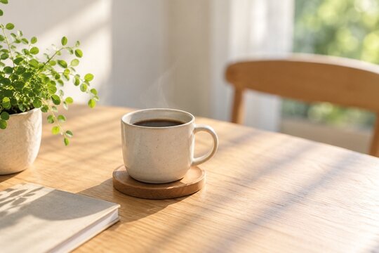 朝の自然光が差し込むテーブルと一杯のコーヒー