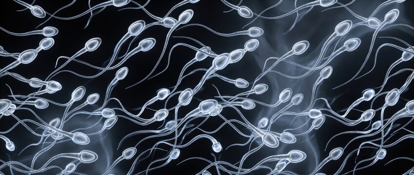 Microscopic view of numerous sperm cells swimming in a dark fluid, abstract biological pattern featuring translucent spermatozoa with long tails and oval heads on a black background