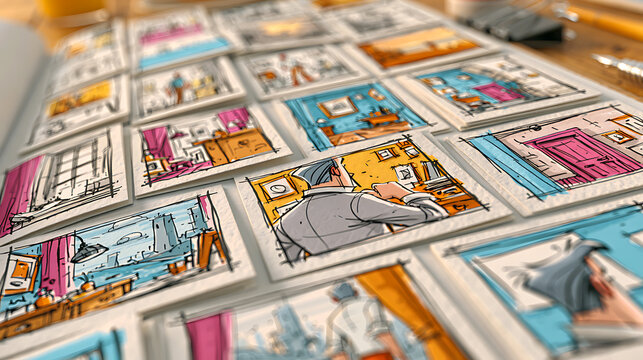 Collection of hand drawn animation frames displayed on a wooden surface