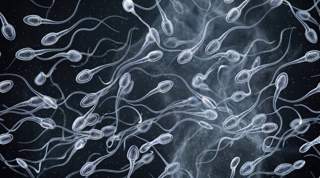 Microscopic view of numerous translucent sperm cells swimming in a dark, fluid environment, biological pattern of male reproductive cells in motion