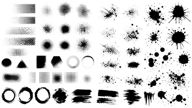 Collection of black ink splatter, halftone dots and brush strokes
