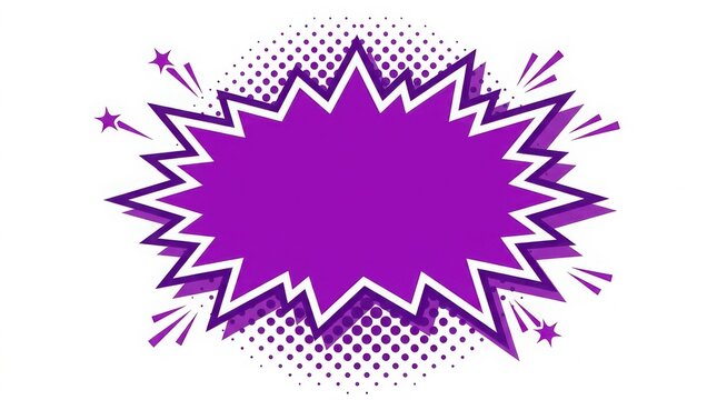 Purple comic book speech bubble with halftone dots and star shapes for action and explosion effects