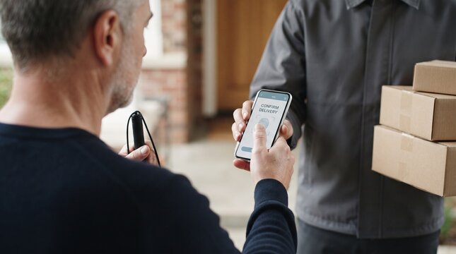 Blind Man Confirming Package Delivery with Smartphone Thumbprint Authentication