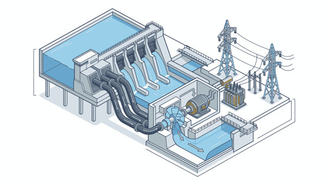 Hydroelectric power plant cross section illustration.