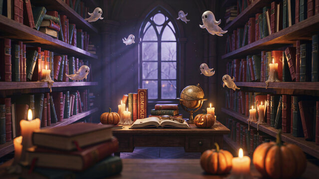 Spooky halloween library scene with floating ghosts candles pumpkins and old books in a dark gothic room
